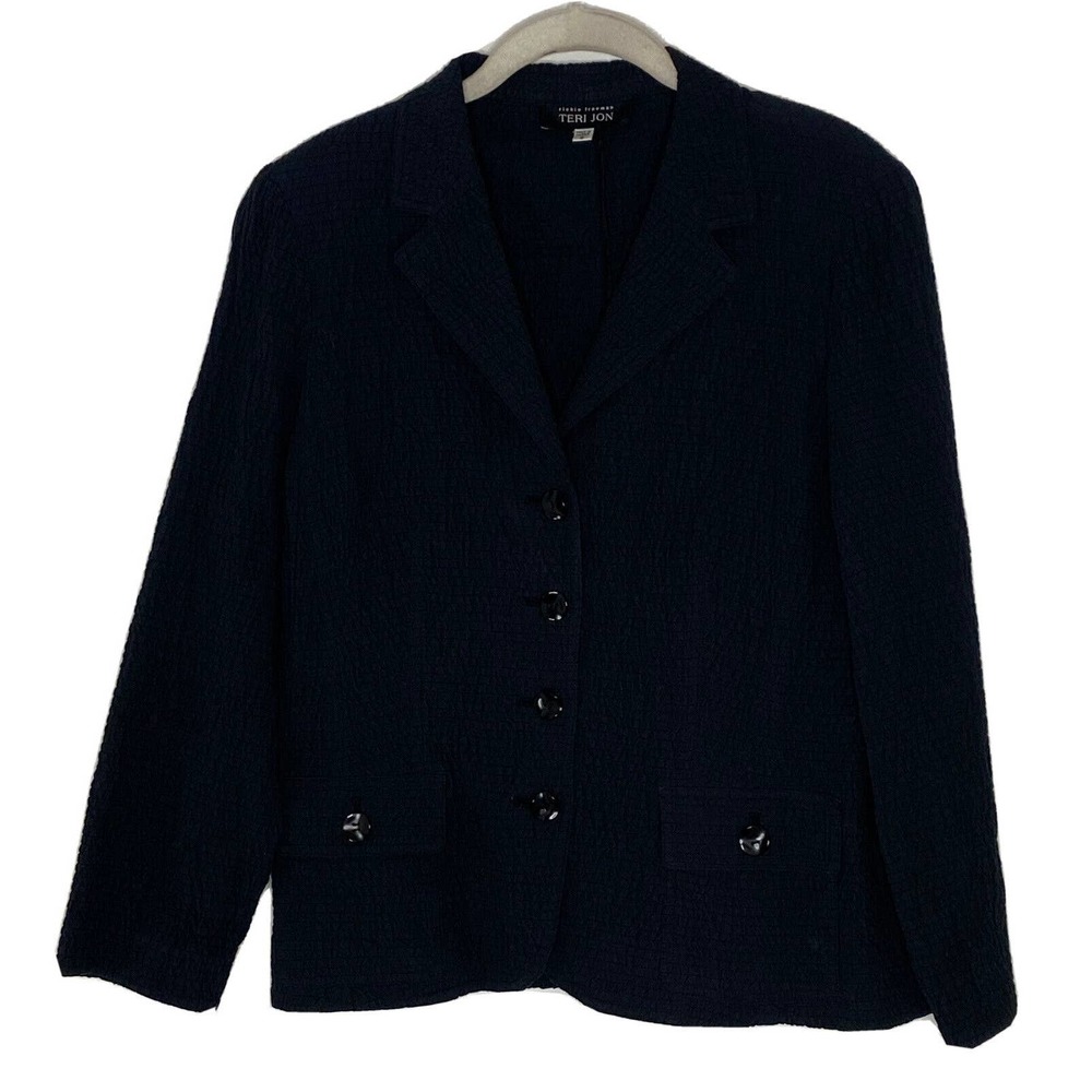 TERI JON Rickie Freeman Black Crinkle Button Light Blazer Jacket Size 8